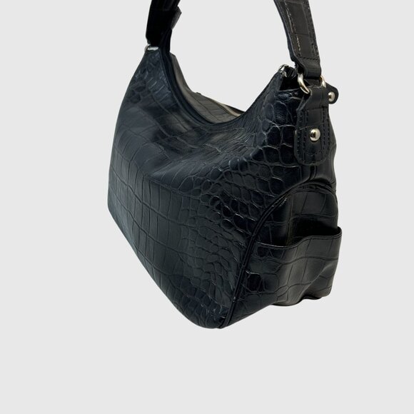 LC Black Faux Croc Embossed Shoulder Bag With Silver Accents & Multiple Pockets - Picture 10 of 12